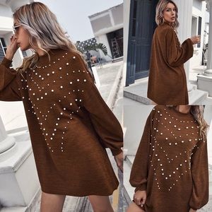 🆕Mock neck pearl beaded lantern sleeve dress